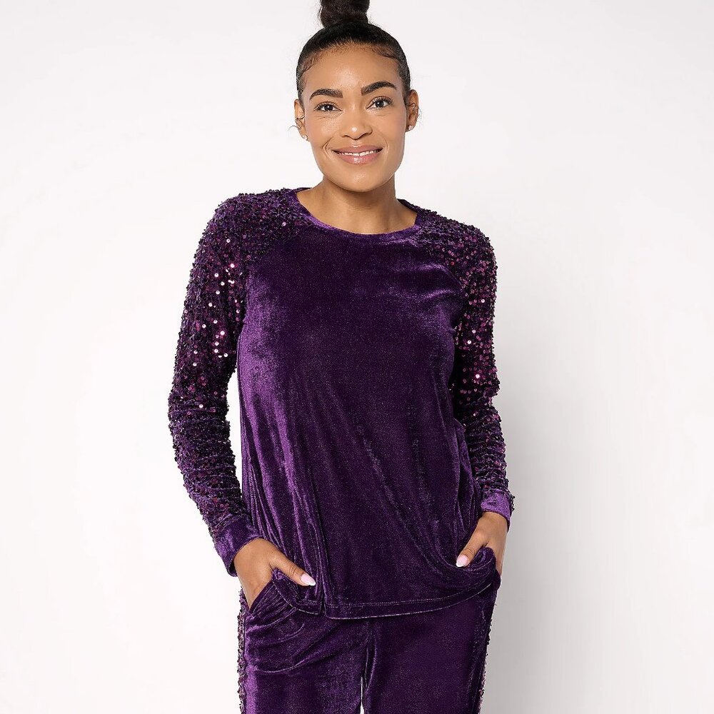 LOGO Lavish by Lori Goldstein Long Sleeve Velvet & Sequin Top - Sz 3X a667539